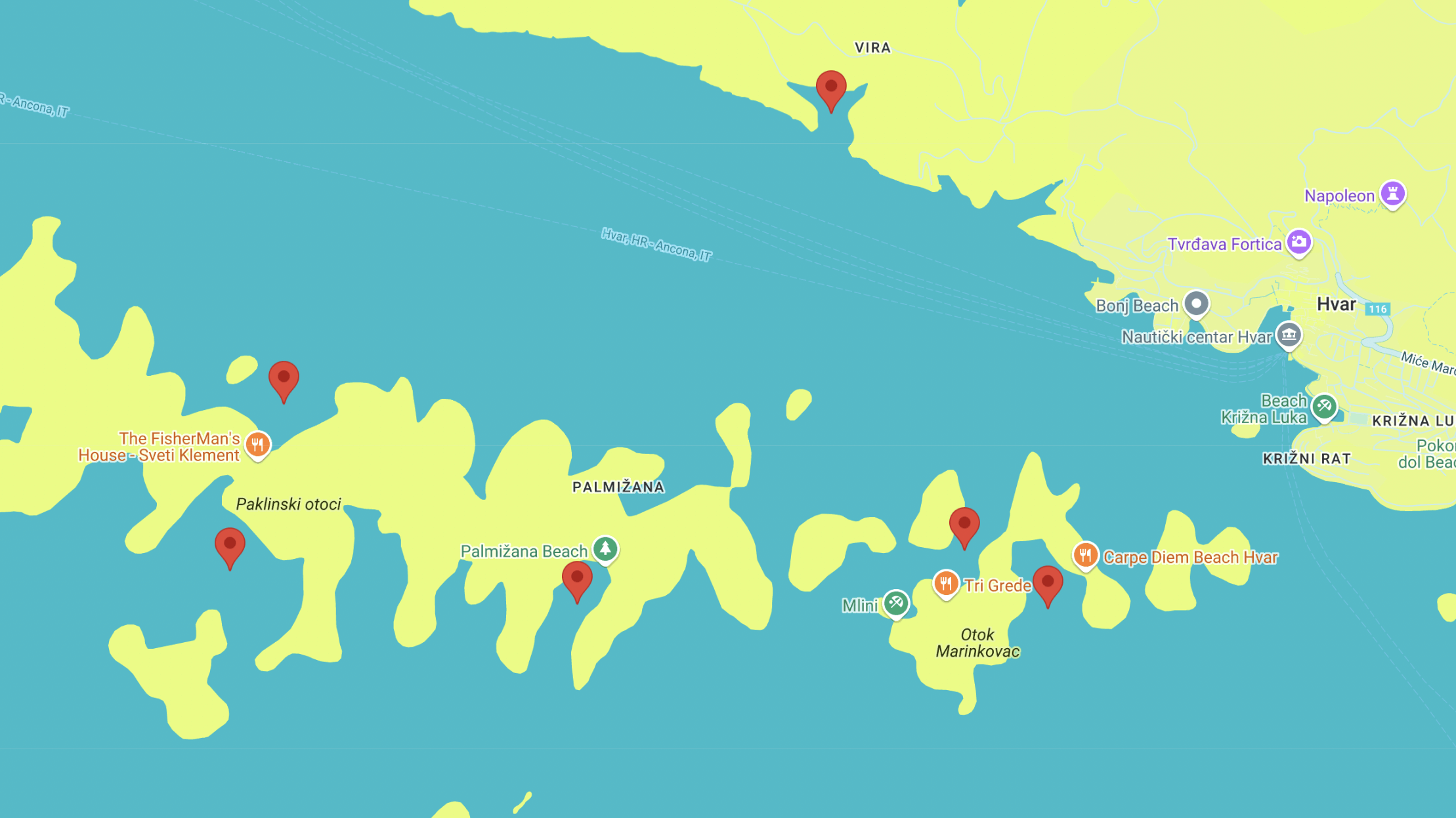Map of Hvar and Pakleni Islands tender service locations